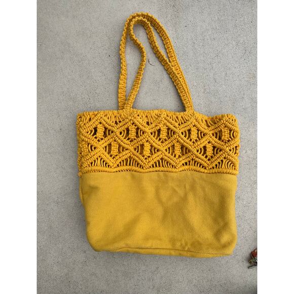 Canvas & Macrame yellow tote bag Craft supplies purse storage shopping shoulder - Picture 3 of 8